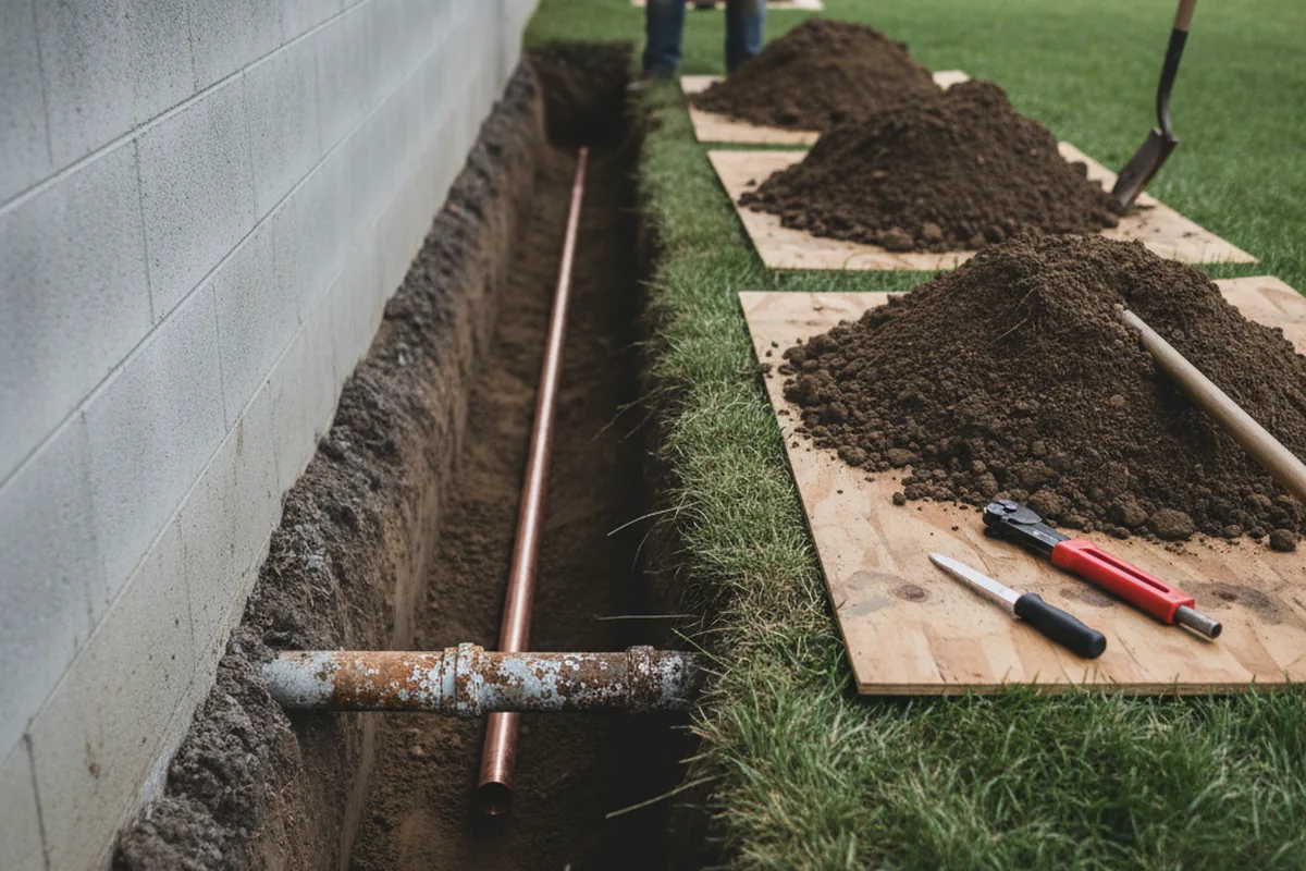 Excavated water line trench during Water Heater Repair in Flowood